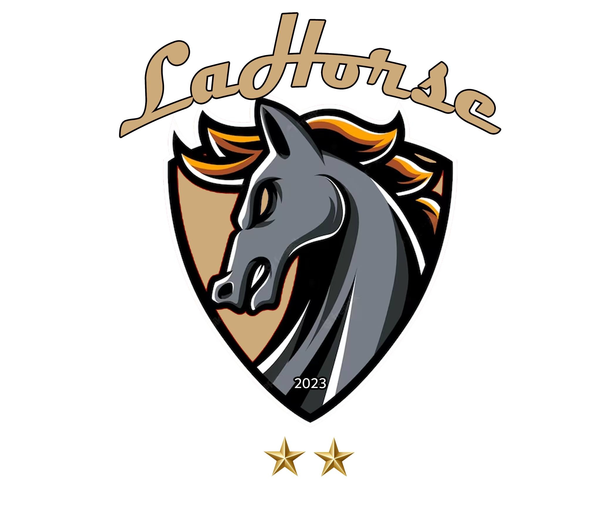LaHorse Football Club logo featuring a stylized gray horse head with orange and black mane inside a shield. The word ‘LaHorse’ appears above in a bold script, with the year ‘2023’ below the shield and two gold stars underneath.”